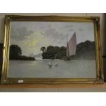 GILT FRAMED PRINT OF A SAILING BOAT WITH SWANS, 49 X 75CM