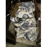 SET OF CREAM AND BLUE TOILE DE JOUY CURTAINS AND PELMET