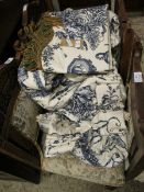 SET OF CREAM AND BLUE TOILE DE JOUY CURTAINS AND PELMET