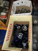 TWO BOXES CONTAINING LARGE QUANTITY OF VARIOUS GLASS ITEMS INCLUDING BLUE GLASS SALT LINERS,