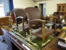 PAIR OF OAK FRAMED SMALL PROPORTIONED ARMCHAIRS (LACKING CUSHIONS) WITH A REXINE BACK