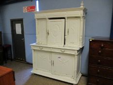 LARGE FRENCH PAINTED CUPBOARD, THE TOP FITTED WITH THREE CARVED PANEL DOORS, THE BASE WITH THREE