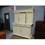 LARGE FRENCH PAINTED CUPBOARD, THE TOP FITTED WITH THREE CARVED PANEL DOORS, THE BASE WITH THREE