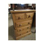 SMALL PINE TWO OVER THREE FULL WIDTH DRAWER CHEST WITH TURNED KNOB HANDLES