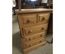 SMALL PINE TWO OVER THREE FULL WIDTH DRAWER CHEST WITH TURNED KNOB HANDLES