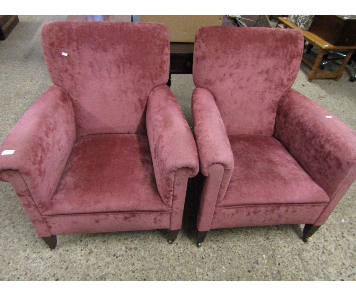 PINK DRALON UPHOLSTERED PAIR OF CLUB CHAIRS ON TAPERING SQUARE LEGS
