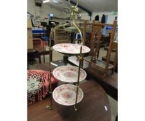 BRASS FRAMED TWISTED METAL THREE-TIER CAKE STAND