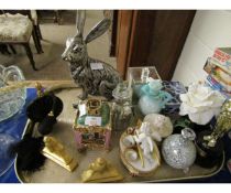 RESIN MODEL OF A HARE, PERFUME BOTTLE, ASSORTED STORAGE JARS ETC