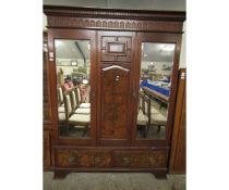 EDWARDIAN WALNUT WARDROBE WITH TWO MIRRORED DOORS WITH TWO DRAWER BASE WITH PANELLED DETAIL