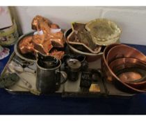 TRAY CONTAINING MIXED COPPER JELLY MOULDS, TWO SILVER SMALL PRESENTATION TROPHIES ETC