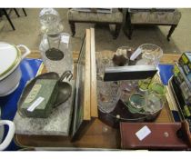 TRAY OF MIXED GLASS WARES, GLASS DECANTERS, TWO PRINTS ETC