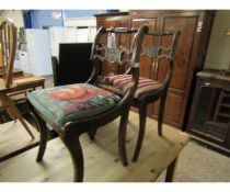 PAIR OF REGENCY BAR BACK DINING CHAIRS, ONE WITH EMBROIDERED SEAT, THE OTHER WITH STRIPED SEAT