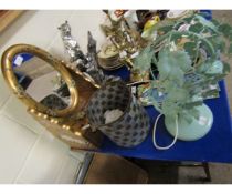 TIN IVY DECORATED SIDE LAMP, A FURTHER METAL BASKET AND A LACQUERED TABLE MIRROR