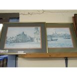 PAIR OF FRAMED PRINTS OF STREET SCENE AND LIVERPOOL DOCKS, EACH APPROX 30CM LONG