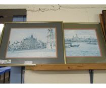 PAIR OF FRAMED PRINTS OF STREET SCENE AND LIVERPOOL DOCKS, EACH APPROX 30CM LONG