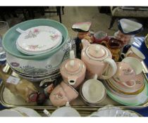 TRAY CONTAINING MIXED POOLE PUCE DECORATED PART TEA WARES, TOBY JUGS, DENBY PLATES