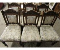 SET OF UPHOLSTERED DINING CHAIRS WITH CARVED DECORATION AND UPHOLSTERED BACKS, EACH ONE WIDTH APPROX