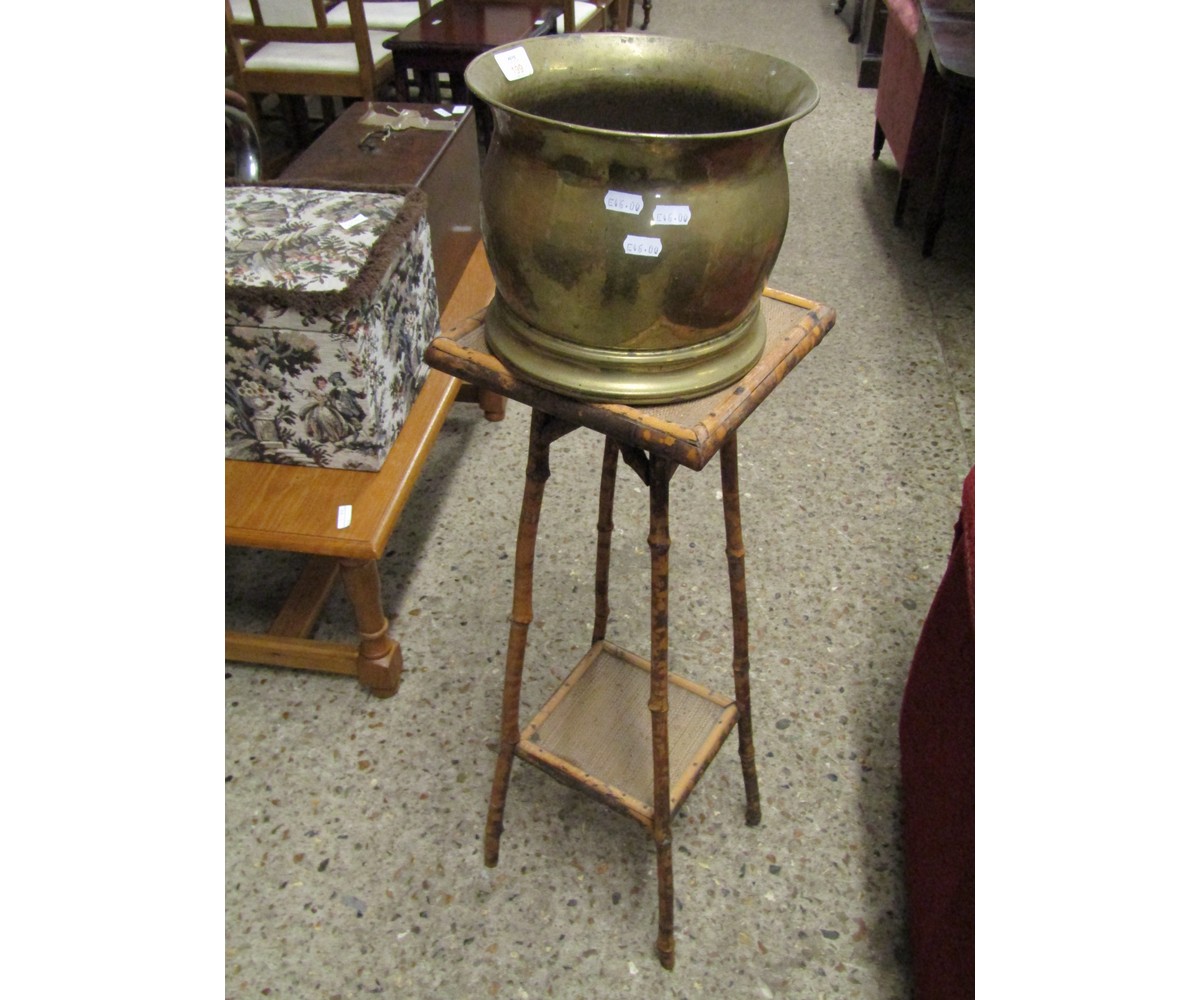 BRASS CIRCULAR JARDINIERE AND A BAMBOO FRAMED PLANT STAND (2)