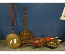 TWO MODERN PAIRS OF BELLOWS, A BRASS SKIMMING SPOON AND A MINIATURE WARMING PAN