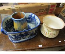 BLUE AND WHITE PRINTED FOOT WARMER, A SHELLEY TYPE VASE AND A FURTHER CROWN DUCAL CREAM BIRD OF