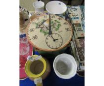 MIXED LOT OF MODERN PLANTERS, PORCELAIN WALL CLOCK OF A ROBIN ETC