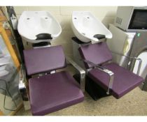 PAIR OF CHROMIUM AND PURPLE LEATHER SALON CHAIRS WITH BUILT IN SINKS