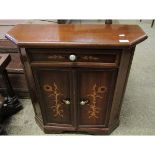 TEAK EFFECT SMALL PROPORTION SIDE TABLE WITH SINGLE DRAWER OVER TWO CUPBOARD DOORS WITH BRASS KNOB