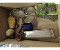 BOX CONTAINING HARMONICA, SILVER PLATED SPOONS ETC