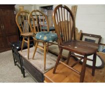 PAIR OF ERCOL ELM SEATED STICK BACK KITCHEN CHAIRS PLUS ONE OTHER (3)