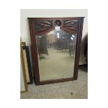 MAHOGANY FRAMED RECTANGULAR MIRROR WITH CARVED TOP