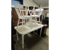 WHITE MELAMINE TOPPED KITCHEN TABLE PLUS A SET OF FOUR BEECHWOOD WHITE PAINTED KITCHEN CHAIRS (5)