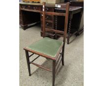 EDWARDIAN MAHOGANY BAR BACK BEDROOM CHAIR WITH GREEN DRALON UPHOLSTERED SEAT