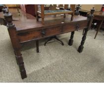 OAK FRAMED TWO DRAWER SIDE TABLE ON TURNED SUPPORTS WITH URN FINIALS
