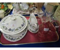 CUT GLASSES, PAIR OF CRANBERRY BRANDY BALLOONS, ROYAL DOULTON BURGUNDY PART DINNER SET