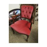 REPRODUCTION FRENCH TYPE ARMCHAIR WITH CORAL UPHOLSTERED SEATS AND BUTTON BACK