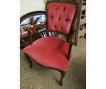 REPRODUCTION FRENCH TYPE ARMCHAIR WITH CORAL UPHOLSTERED SEATS AND BUTTON BACK
