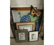 GROUP OF MIXED PRINTS, PICTURES AND A PAPER MACHE OWL TRAY