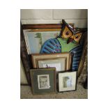 GROUP OF MIXED PRINTS, PICTURES AND A PAPER MACHE OWL TRAY