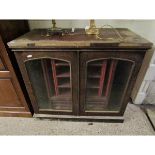 MAHOGANY FRAMED CUPBOARD WITH TWO GLAZED DOORS WITH FITTED INTERIOR