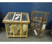 MINIATURE METAL MADE MODEL OF A GREENHOUSE AND A FURTHER BRASS TABLE TOP STAND WITH A QUANTITY OF