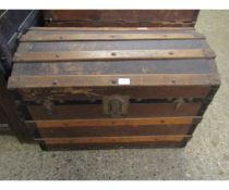 BEECHWOOD AND REXINE BANDED DOME TOP TRUNK