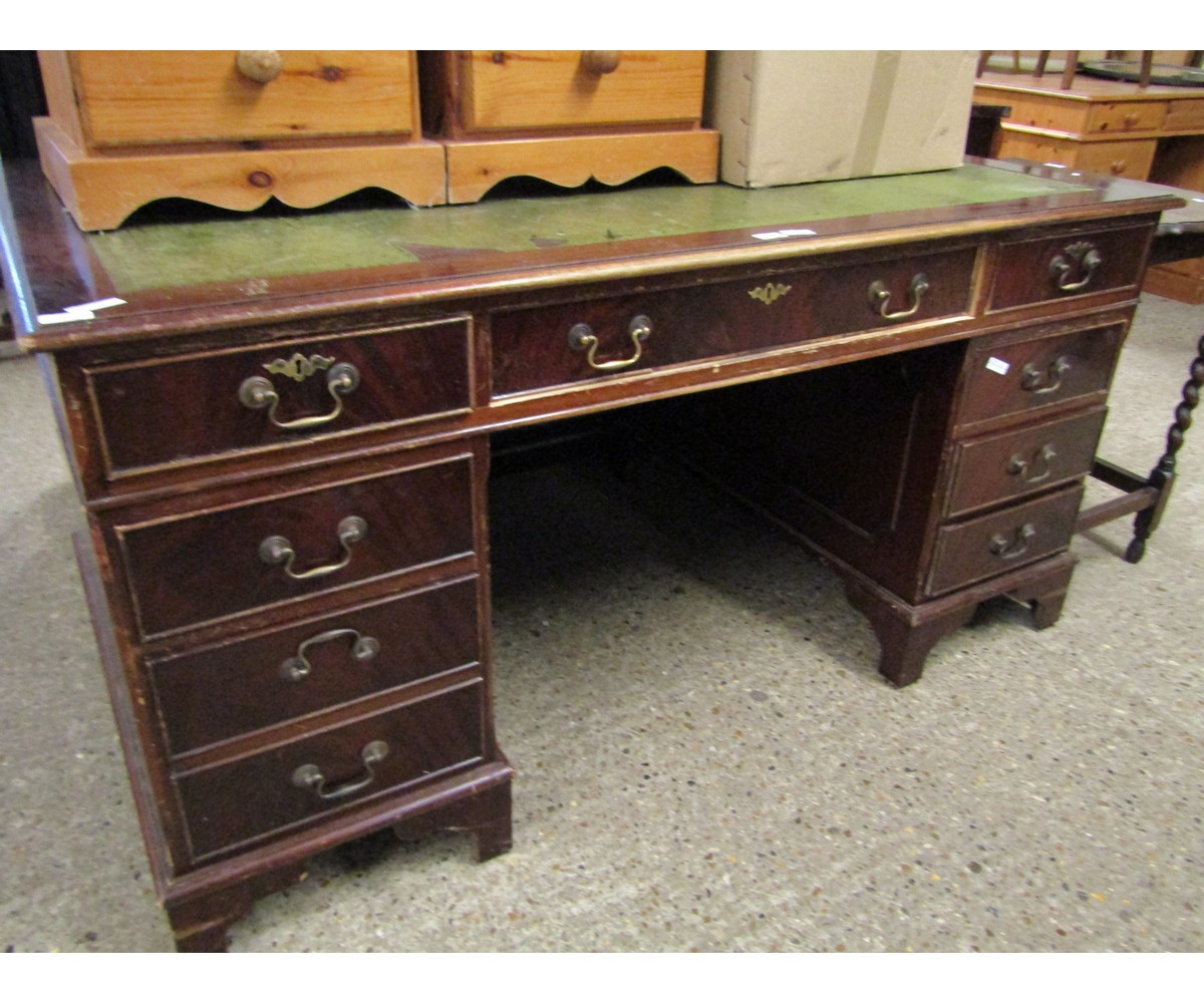REPRODUCTION MAHOGANY TWIN PEDESTAL DESK WITH NINE DRAWERS WITH BRASS SWAN NECK HANDLES (A/F)