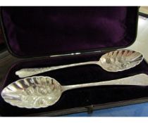 CASED PAIR OF SILVER PLATED SERVING SPOONS