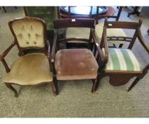 EDWARDIAN MAHOGANY AND INLAID ARMCHAIR WITH PUCE UPHOLSTERED SEAT, TOGETHER WITH A FURTHER COMMODE