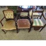 EDWARDIAN MAHOGANY AND INLAID ARMCHAIR WITH PUCE UPHOLSTERED SEAT, TOGETHER WITH A FURTHER COMMODE