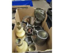 BOX CONTAINING MIXED PEWTER, ONYX TYPE TABLE LAMPS ETC