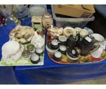 TWO TRAYS OF MIXED GILT ORIENTAL CHINA WARES, TEA SETS, SHELLS ETC