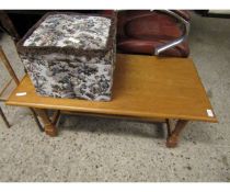 RECTANGULAR OAK COFFEE TABLE TOGETHER WITH A CUBE EMBROIDERED FORMED STOOL