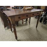 VICTORIAN MAHOGANY TWO DRAWER SIDE TABLE WITH TURNED LEGS AND KNOB HANDLE