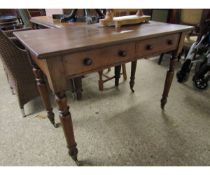 VICTORIAN MAHOGANY TWO DRAWER SIDE TABLE WITH TURNED LEGS AND KNOB HANDLE